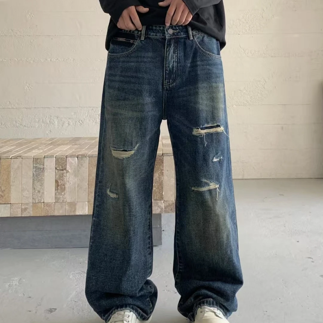 做旧水洗长裤渐变破洞ins牛仔裤无弹力常规款百搭