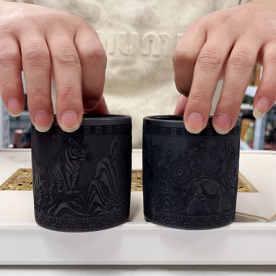 茶杯紫砂石黄虎主人杯+石黄五牛主人杯
