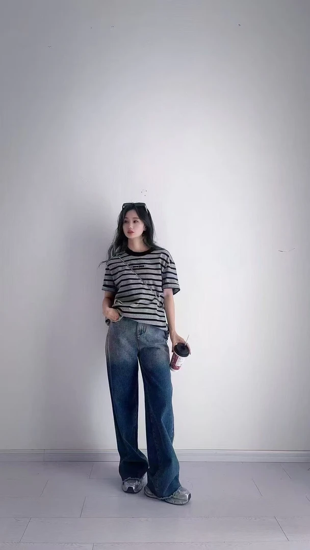 俪妍【LIVELY·YAN】春款毛边渐变牛仔裤时尚宽松百搭休闲春秋