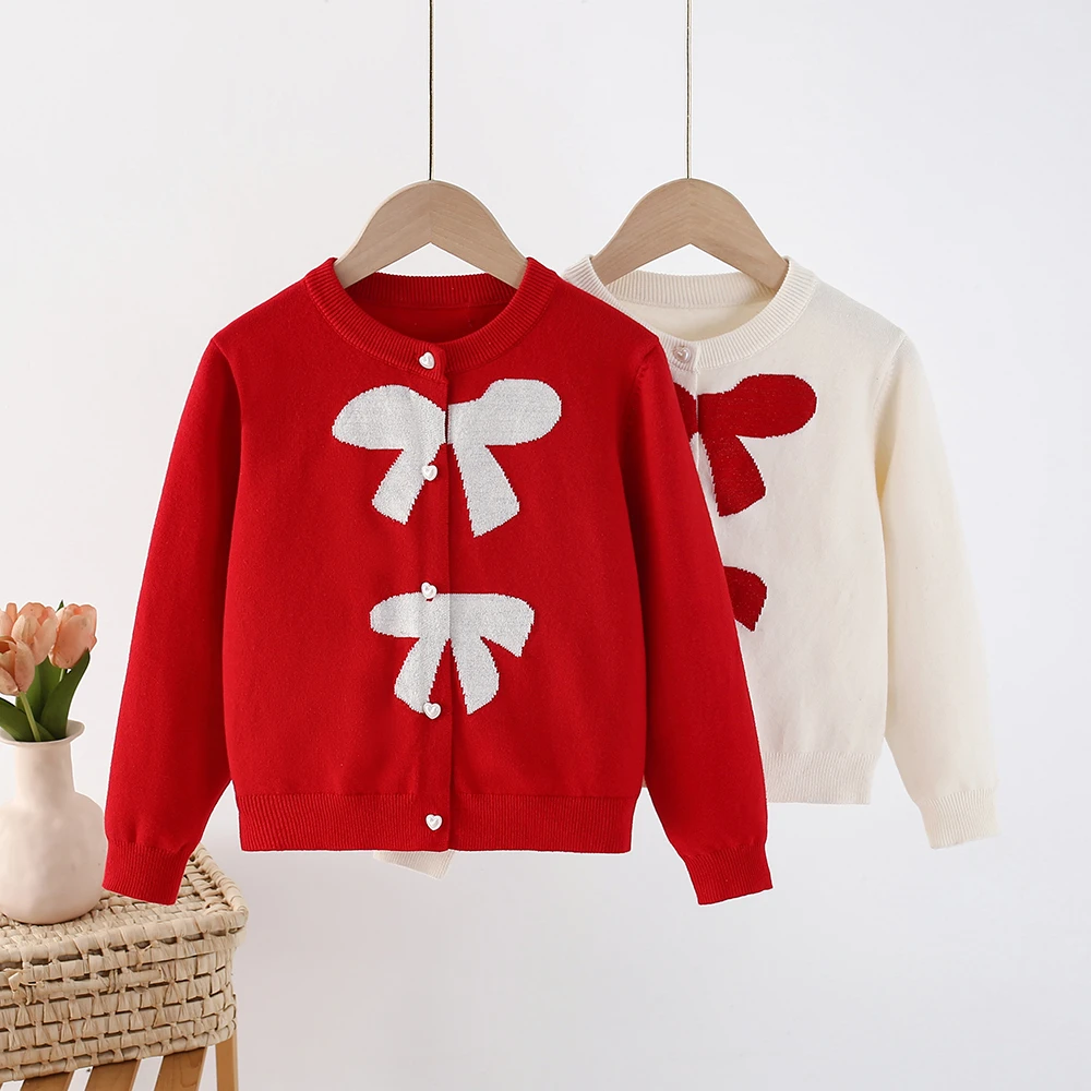 【天然棉】新款男童女童针织卫衣儿童长袖拼接红色蝴蝶结开衫女宝