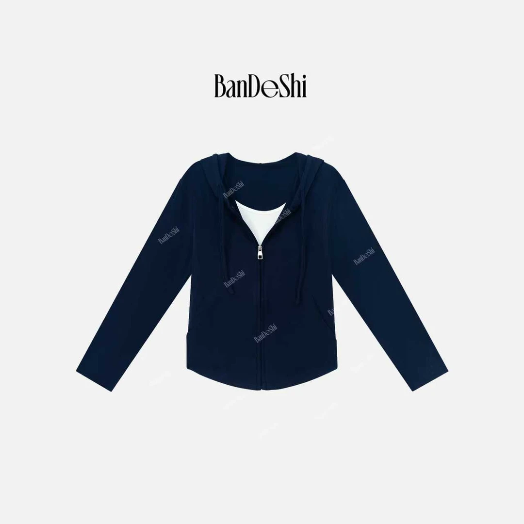 【C3543】班德施-春秋拼接假两件卫衣女时尚拉链开衫连帽长袖上衣SH