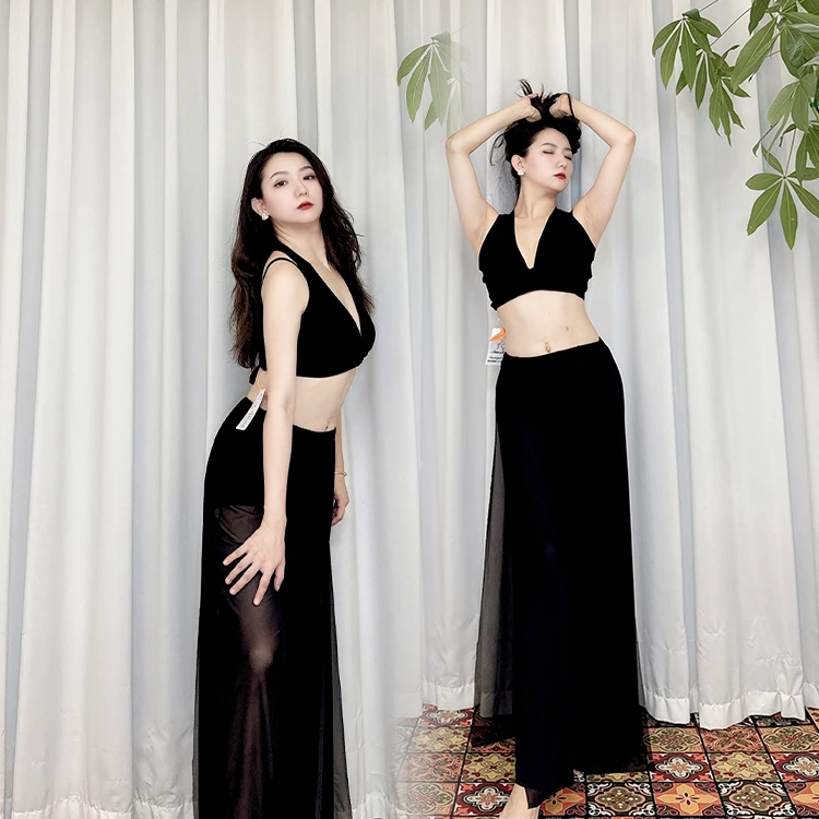 Swegal肚皮舞练功服2025新款双层网纱阔腿裤套装初学者胖MM东方舞