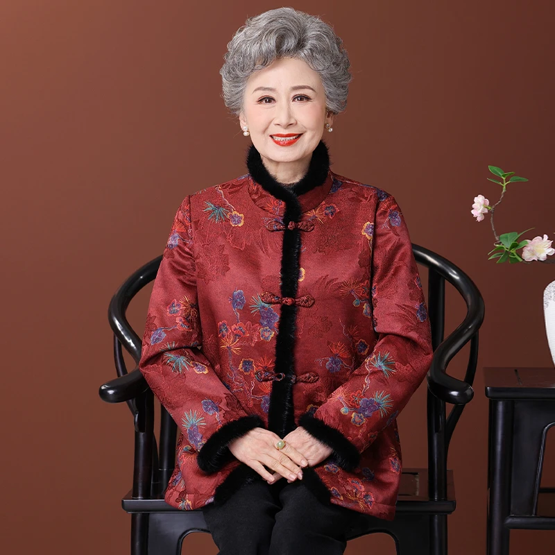 中老年人奶奶冬装水貂毛领外套女妈妈仿皮毛一体老太太高档大衣