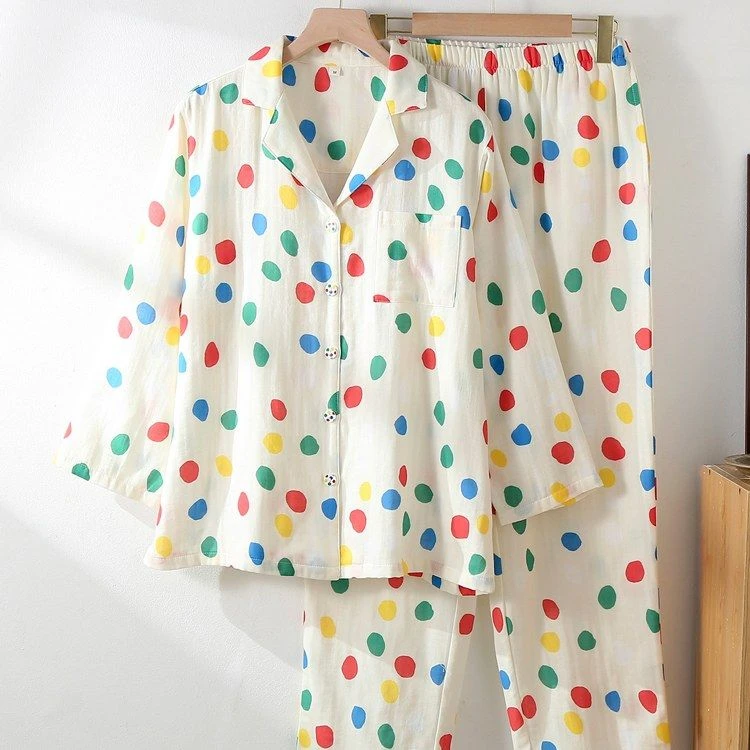 春秋季手绘波点纯棉双层纱布新款女款睡衣夏季薄款长袖家居服套装