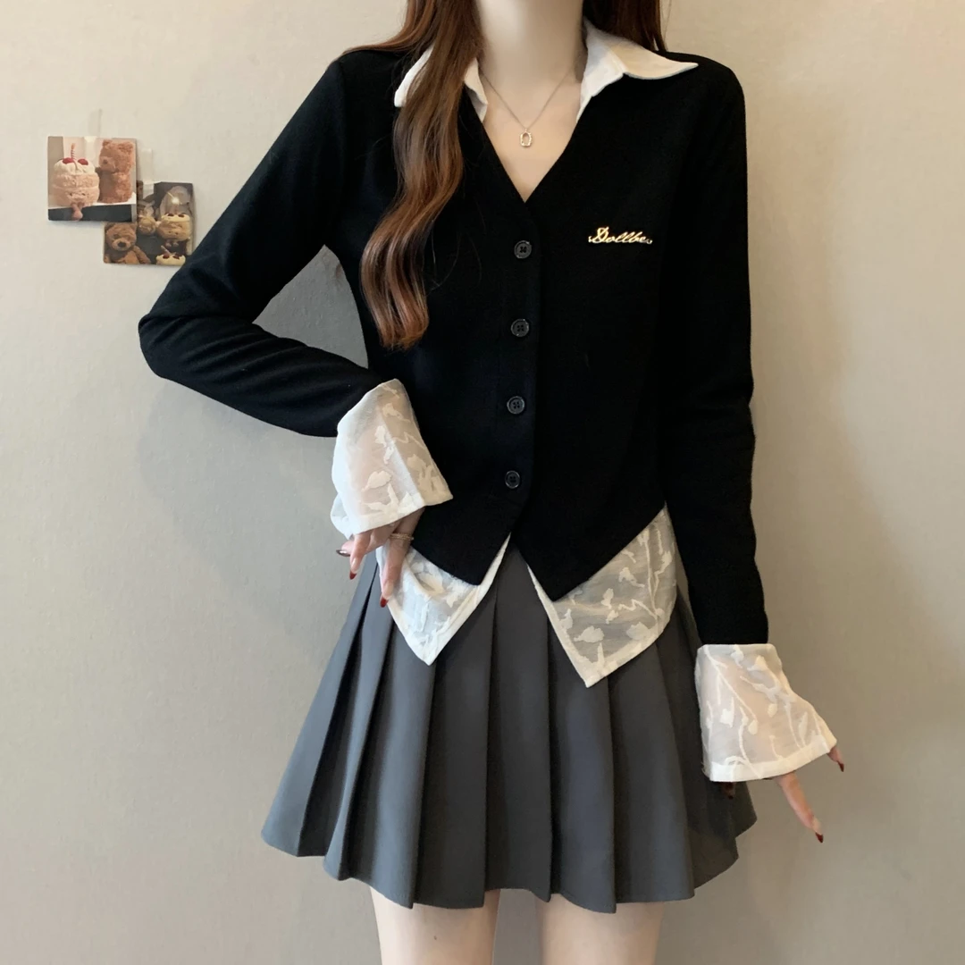 大码蕾丝拼接长袖t恤女小众炸街高级感女装春秋洋气独特漂亮上衣