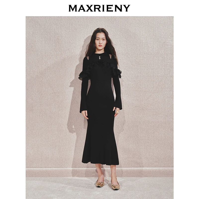 【商场同款】MAXRIENY法式复古浪漫荷叶边网纱毛织裙冬款连衣裙