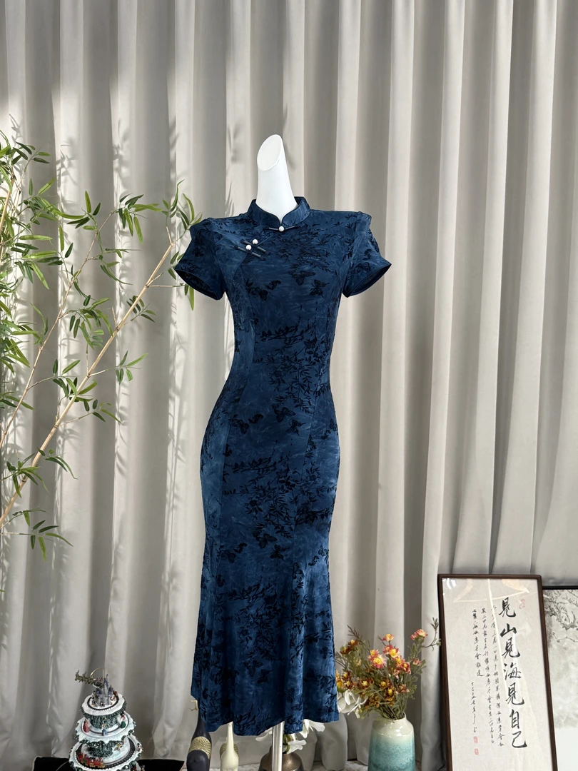 《碧萝香》2025夏季气质新款薄款单层长款鱼尾旗袍礼服裙短袖显瘦