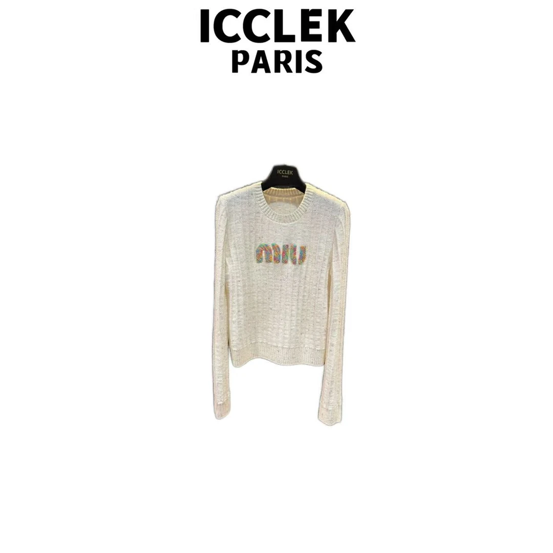 ICCLEK 白色圆领彩虹字母套头针织衫上衣 加厚 气质 名媛 -9073