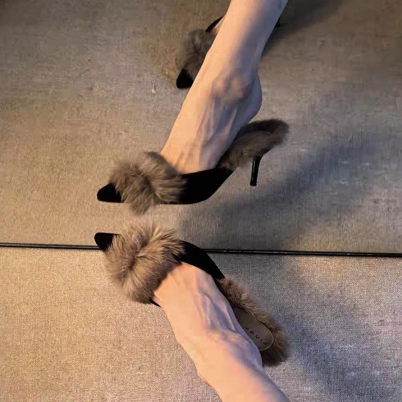 穆勒鞋秋冬细跟毛毛拖鞋女外穿包头小众高跟鞋加绒保暖法式小跟鞋