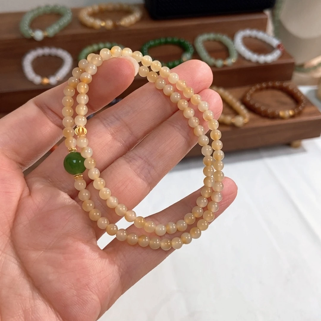 手链18K金镶嵌和田玉7mm糖白