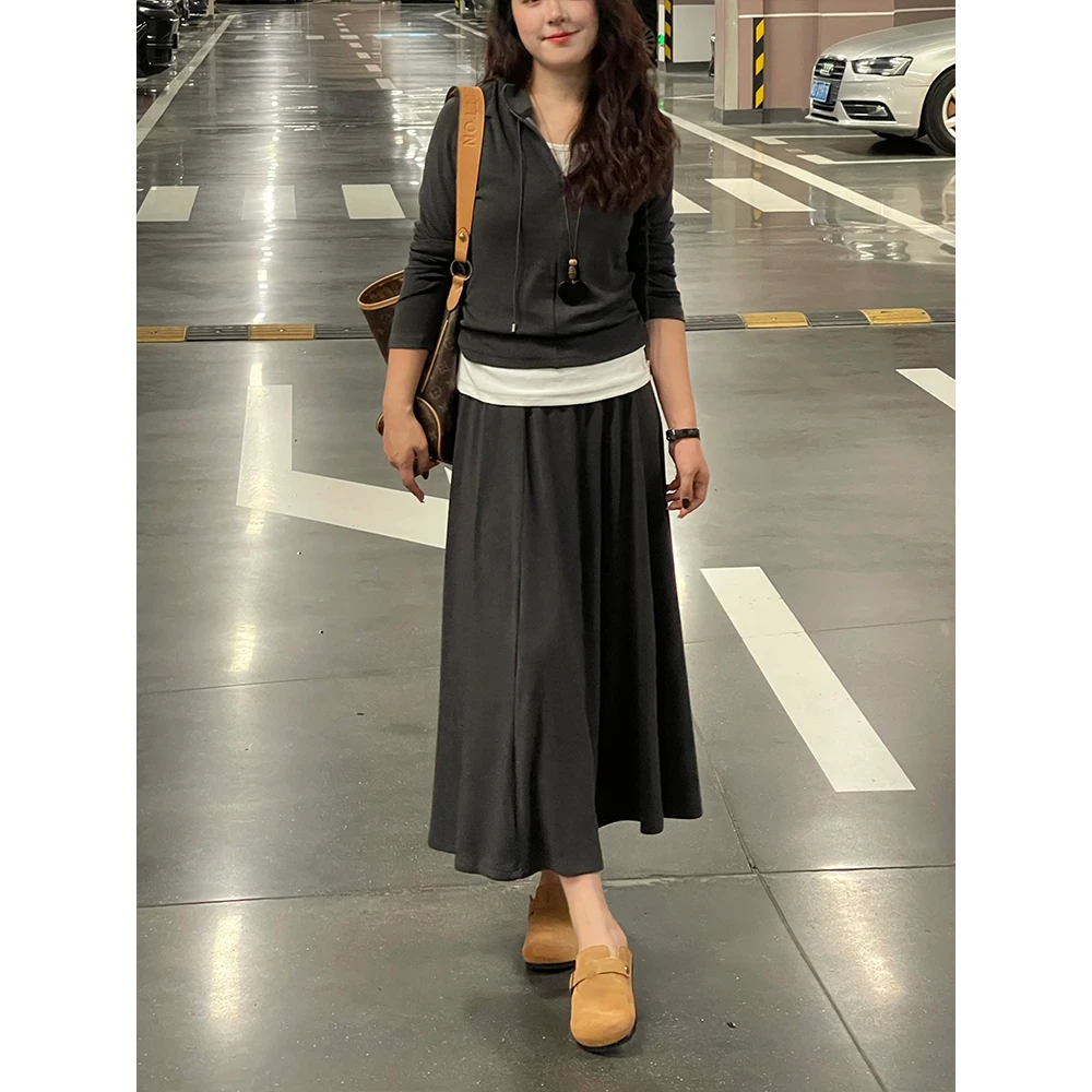 WenWen小个子2025秋装假两件长袖上衣+高腰百褶半身裙套装4321