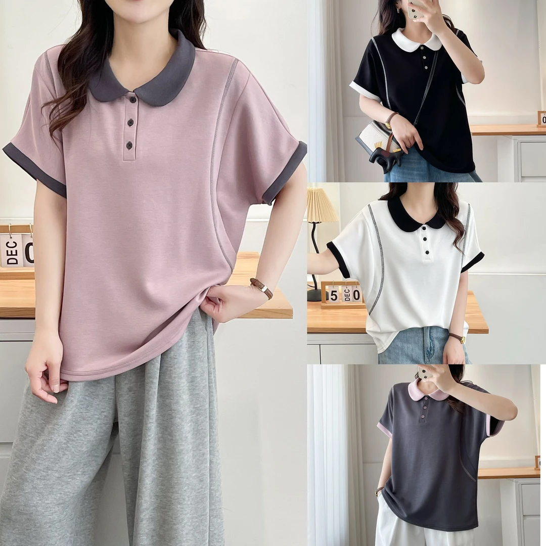 卡洛町大码女装110-200斤夏季新款时尚百搭撞色POLO领T恤8333