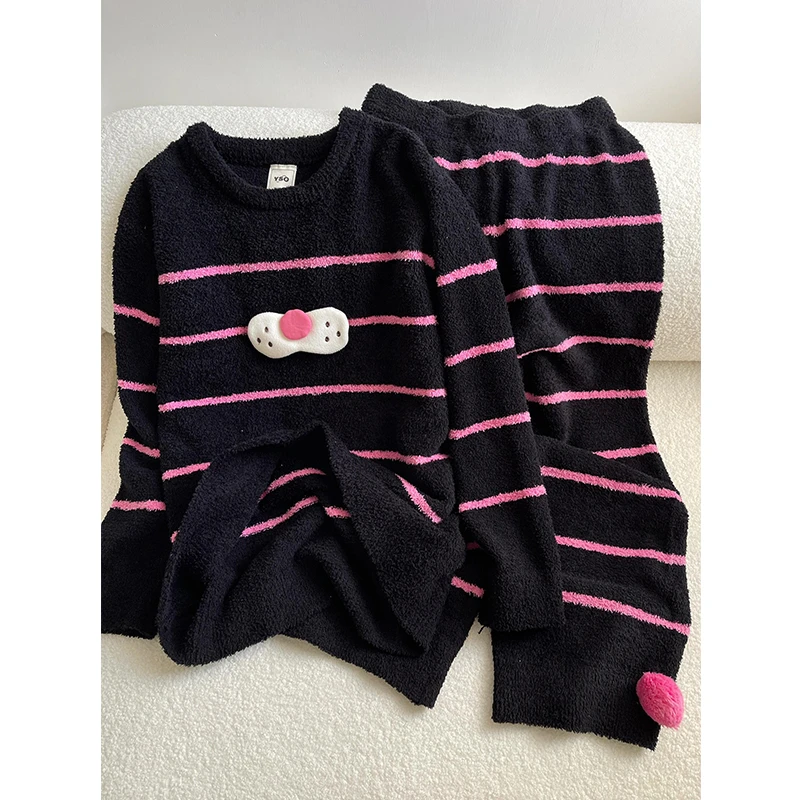 韩系简约休闲黑粉条纹酷猫睡衣女秋冬新款半边绒家居服可外穿套装