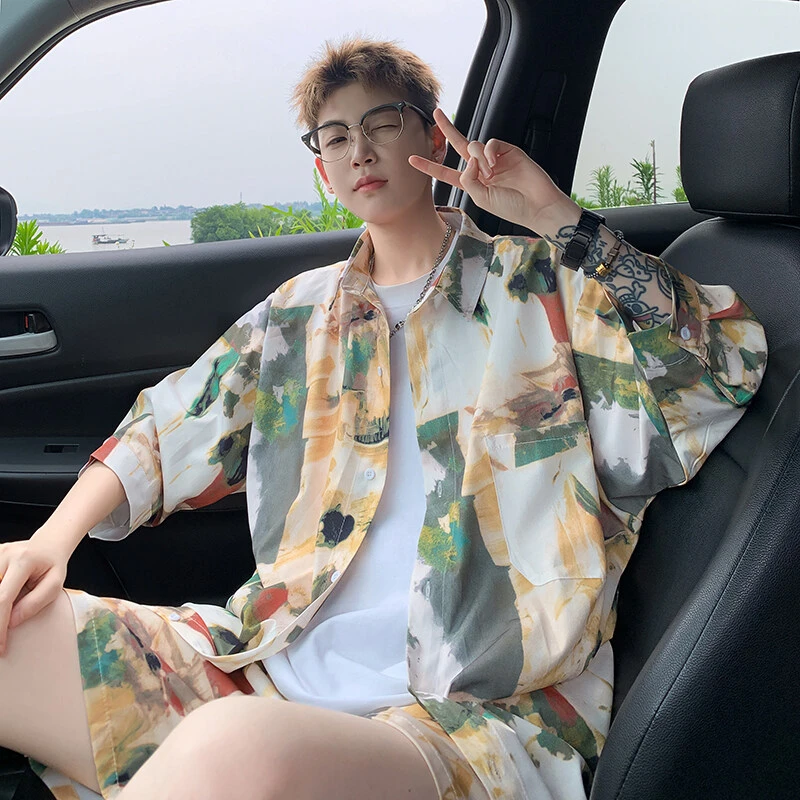 25夏季薄款男士五分袖衬衫短裤套装潮流宽松冰丝凉感旅游度假一套