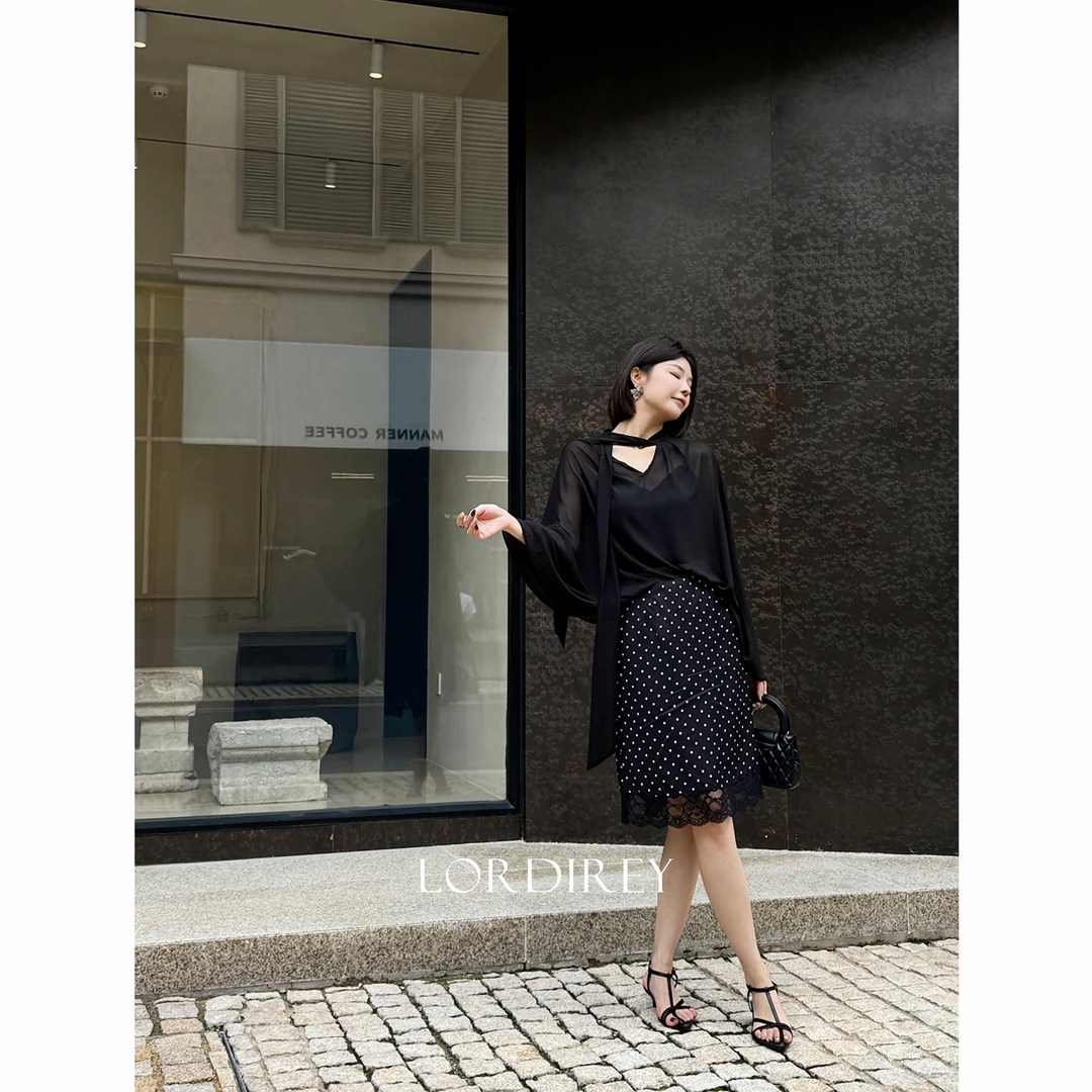 LORDIREY【玄波轻点】蕾丝拼接黑色波点短裙2025夏季低腰显瘦653130