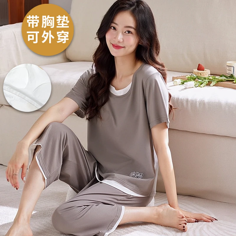 莫代尔棉睡衣女带胸垫套头短袖七分裤夏季薄款凉感冰丝套装家居服