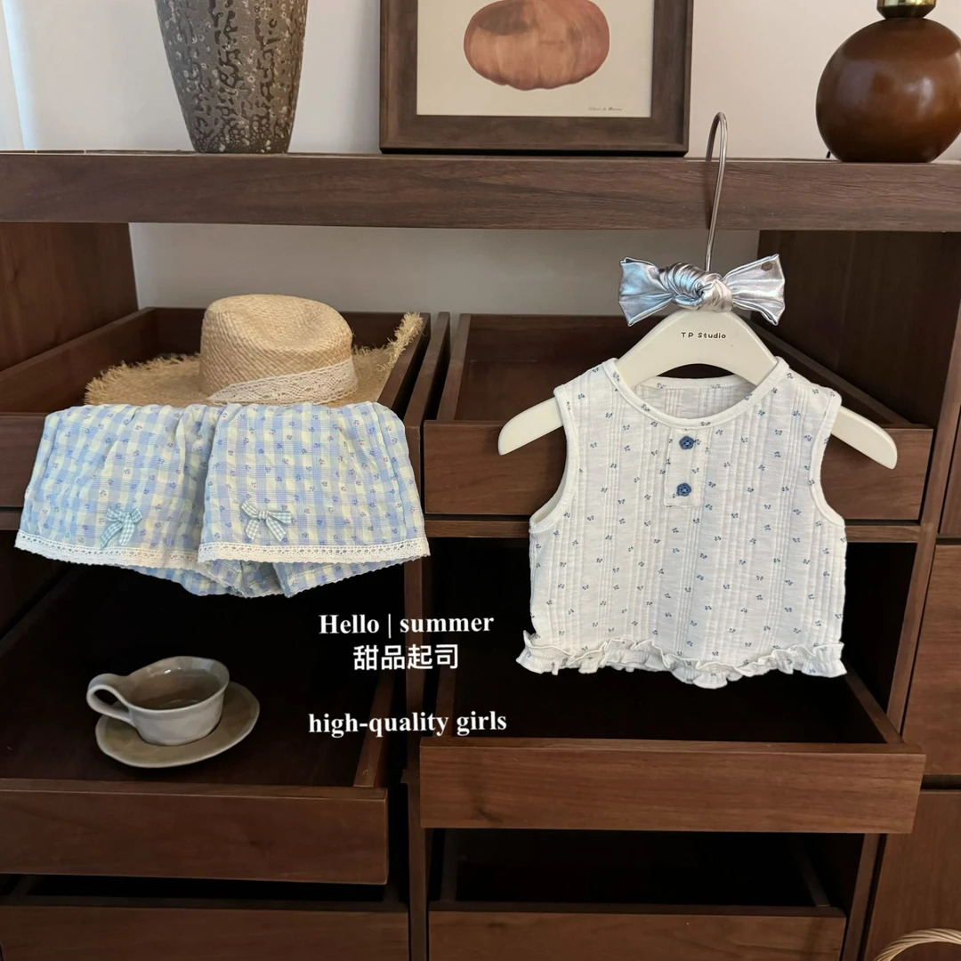 【甜品起司】香草冰淇淋！女宝宝甜美碎花背心格子短裤洋气时髦套装