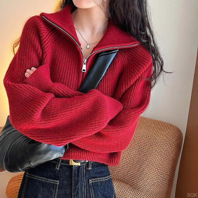 设计感半高领拉链红色针织衫女短款2025春秋新款高腰毛衣宽松休闲