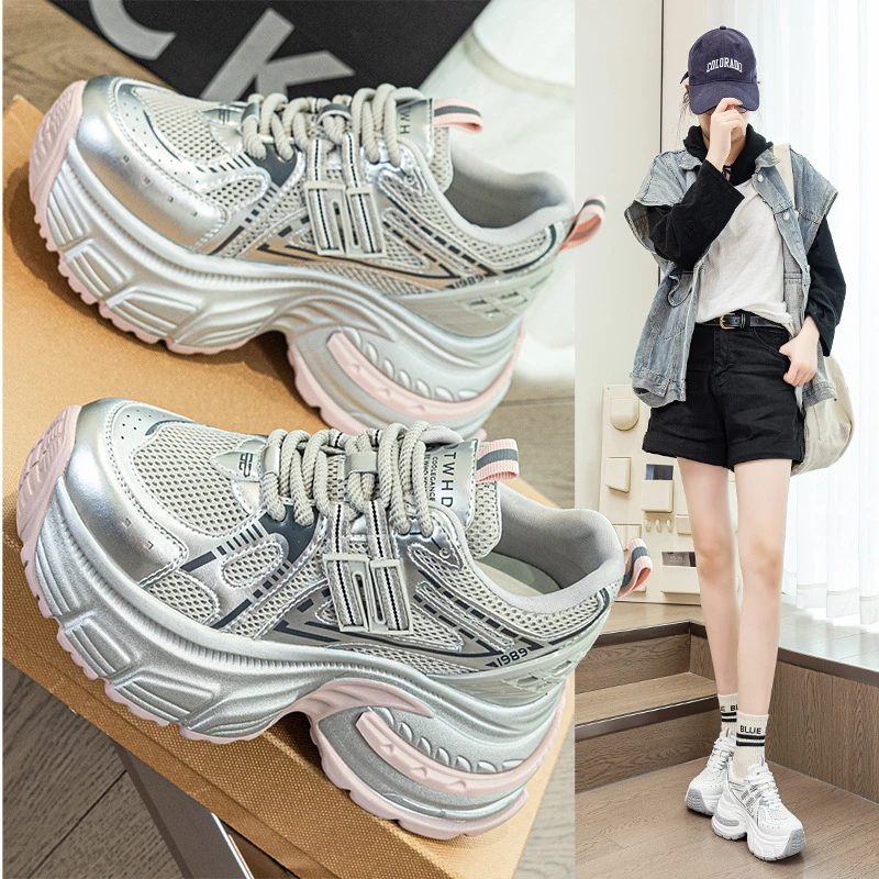 【9公分】真皮厚底老爹鞋2025新款夏季透气网面小个子休闲运动