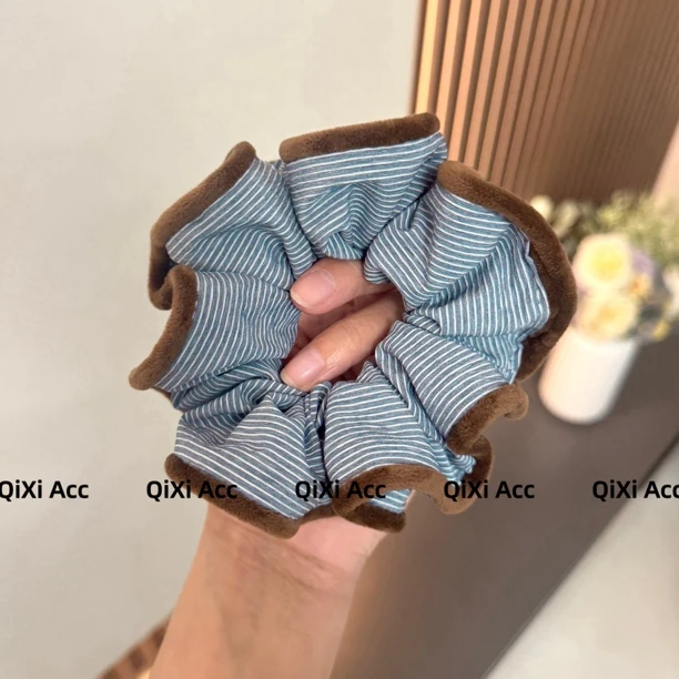 【蓝棕细语】蓝白条纹棕色包边韩系原创设计发圈头饰复古