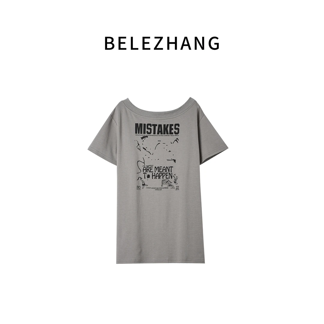 BELE ZHANG【废土斜肩】美式复古斜肩女夏季慵懒风宽松上衣T恤-0880