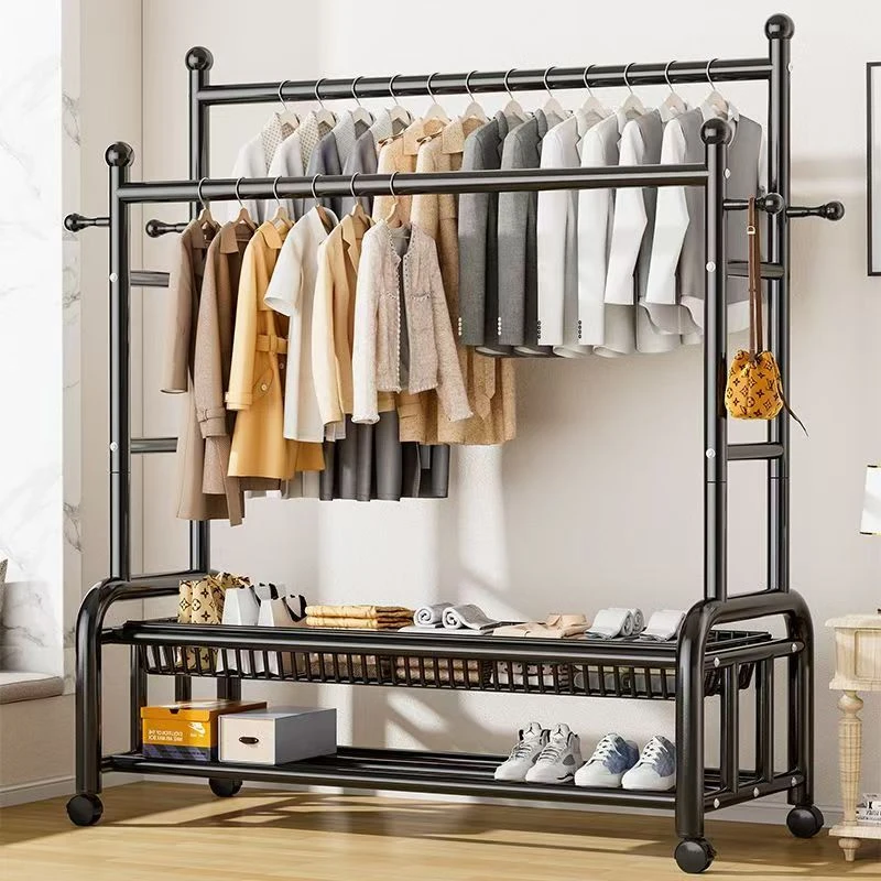 特厚挂衣架卧室衣架落地立式晾衣架子多功能加粗加厚衣帽架双杆