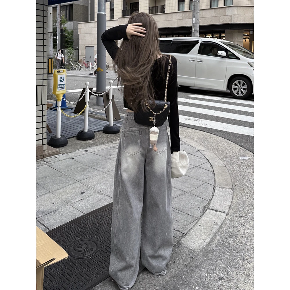 美式复古做旧脏脏牛仔裤女秋季新款休闲宽松垂感直筒阔腿拖地裤子