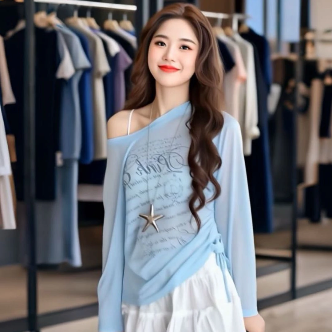 设计感单边抽绳绑带斜肩长袖T恤夏薄款防晒微透罩衫字母印花上衣