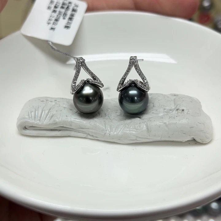 海水珍珠银S925镶嵌耳饰大溪地银耳坠9-10mm 122号