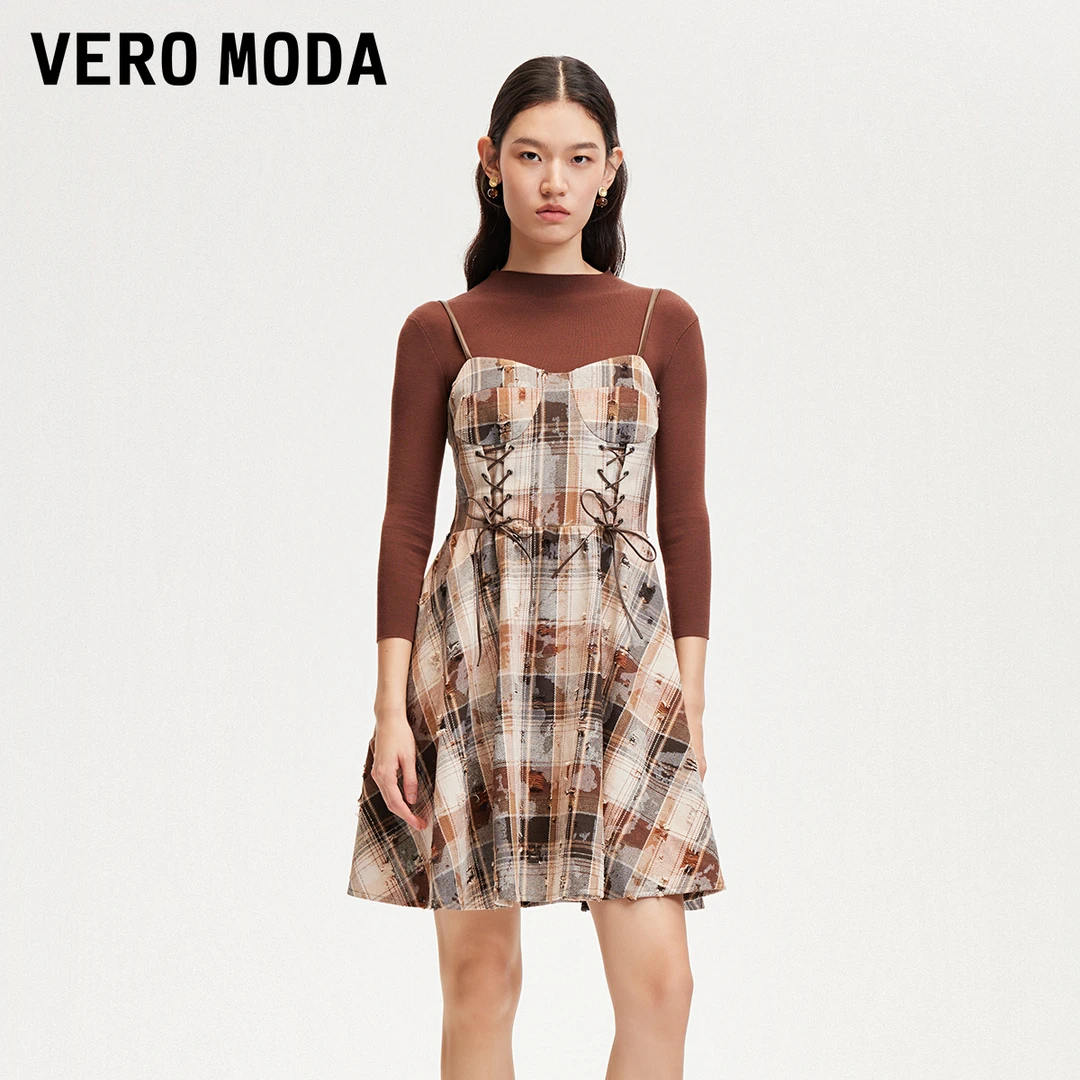 Vero Moda连衣裙2024早秋新款真两件复古格纹抽绳吊带裙32447C006