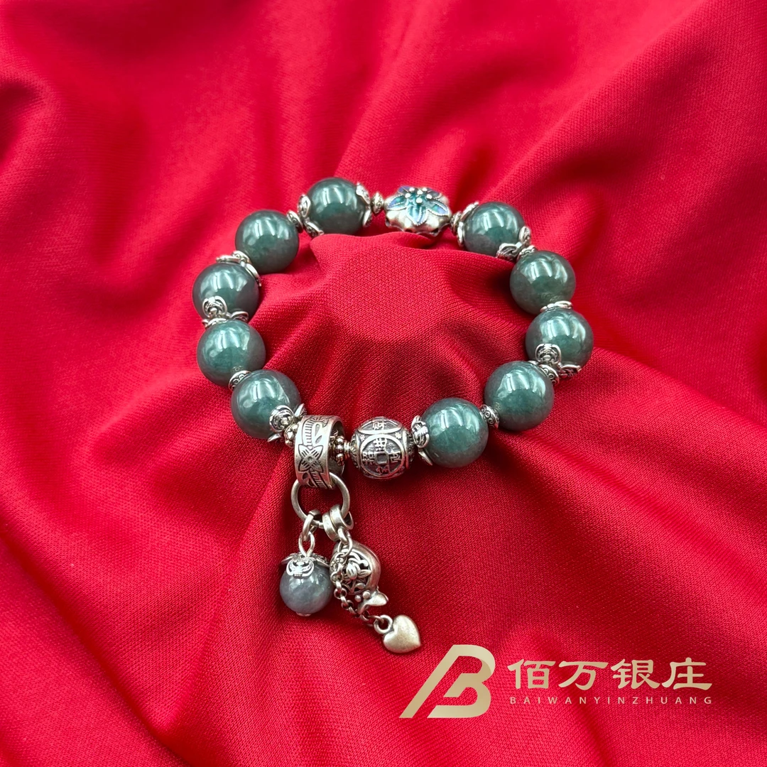 【佰万银庄】 银925 天然蓝水翡翠花开富贵手串12mm国风民族风