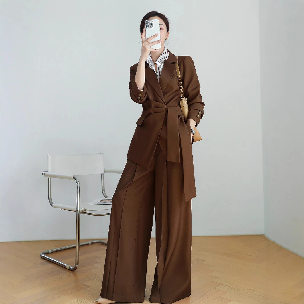 大码女装气质系带西装套装胖mm秋季新款修身时尚西服阔腿裤两件套