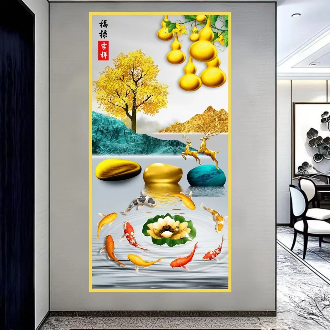大气轻奢九鱼麋鹿玄关装饰画入户走廊过道高档竖版壁画制造14