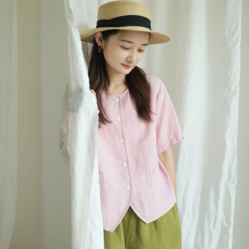 尘染时尚减龄短袖女2025夏季新款汉麻宽松开衫薄款设计感小众上衣