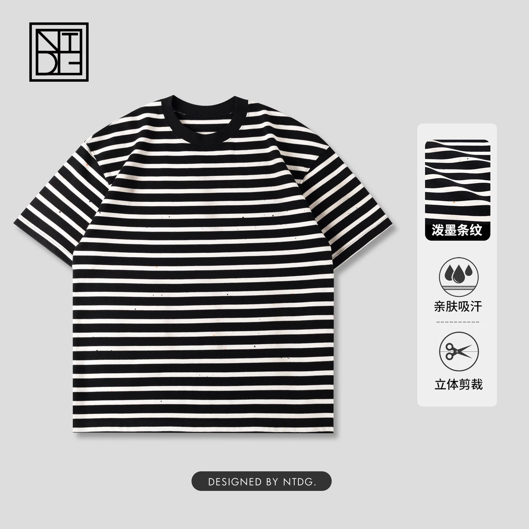 春夏款圆领条纹T短袖小波点泼墨印花t恤1371