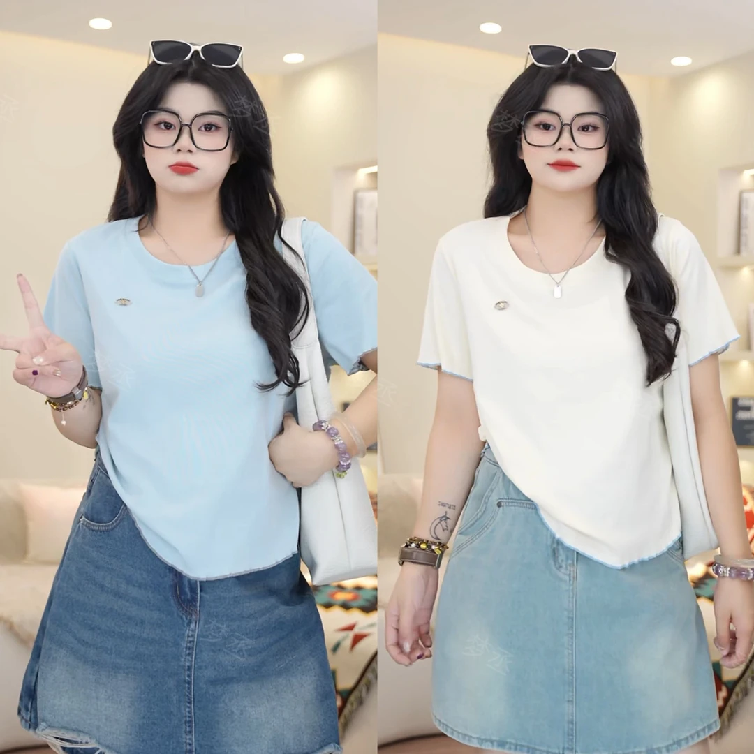 梦丞【极简法则】大码女装纯色系简约百搭显瘦休闲圆领花边短袖T恤