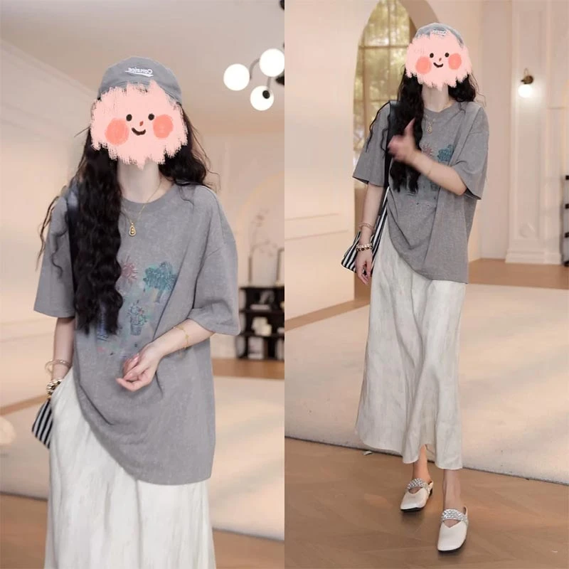 网红时尚炸街套装女2025夏季新款灰色短袖t恤中长裙半身裙两件套
