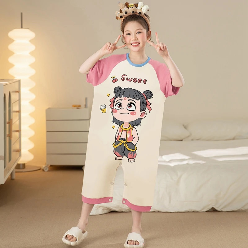 儿童连体睡衣2025新款女孩夏季卡通哪吒短袖纯棉薄款中大童家居服