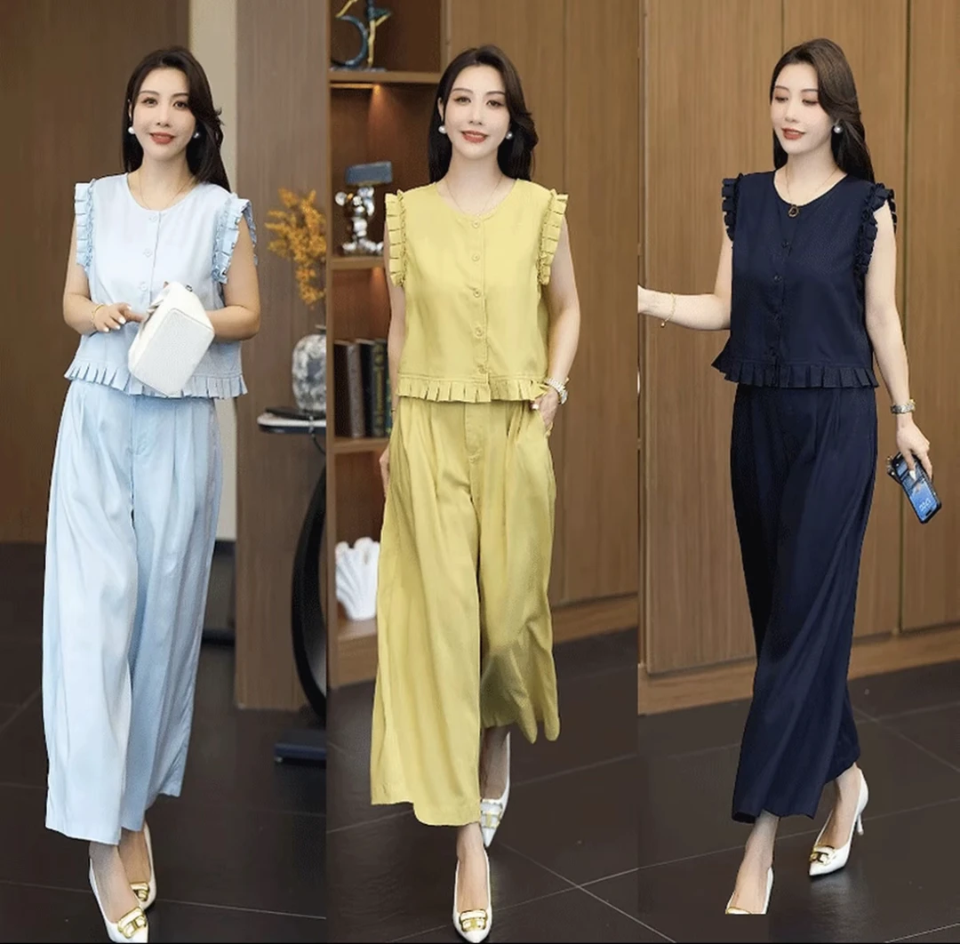 2025夏季新款木耳边无袖上衣阔腿裤两件套时尚洋气显瘦套装