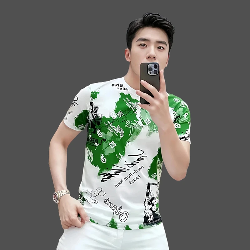 绿色设计感冰丝t恤男士短袖圆领2025夏季新款休闲时尚轻奢1151