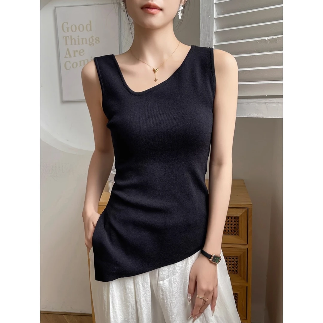 黑色斜肩吊带背心女夏外穿遮副乳修身开叉不规则内搭打底无袖上衣