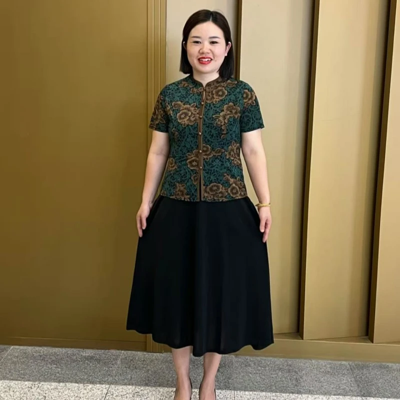 夏季新款妈妈装假两件旗袍连衣裙遮肉显瘦中长款裙子