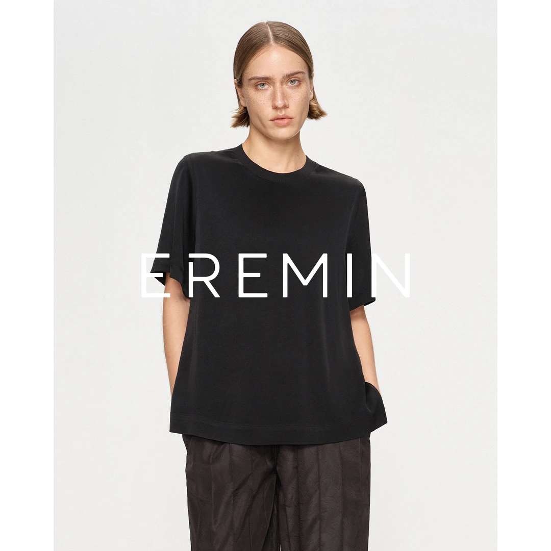 DE Mincollection醋酸黑T/软滑亲肤螺纹拼接休闲通勤醋酸T恤55557