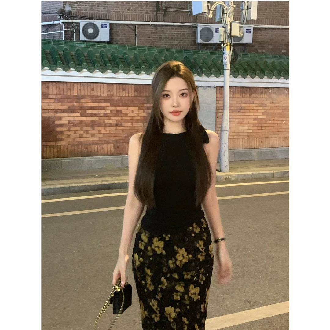 SZA【蝴蝶密语】夏季新款韩系性感露肩飘带背心针织弹力上衣A-1718