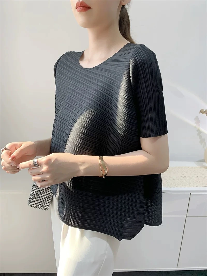 条纹短袖纯色宽松T恤大码时尚宽松型修身型打底衫褶皱常规款