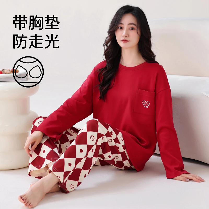 春秋新款纯棉套头女士睡衣套装红色简约带胸垫长袖大码家居服