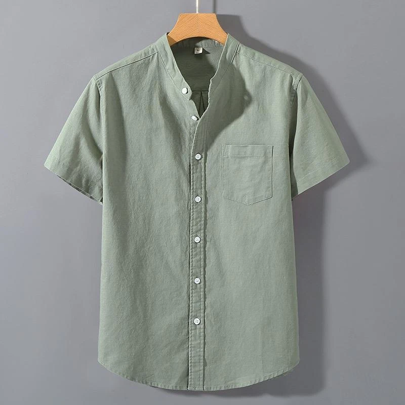 质量好舒适立领男麻短袖衬衫男士夏季休闲上衣薄款宽松青年衬衣