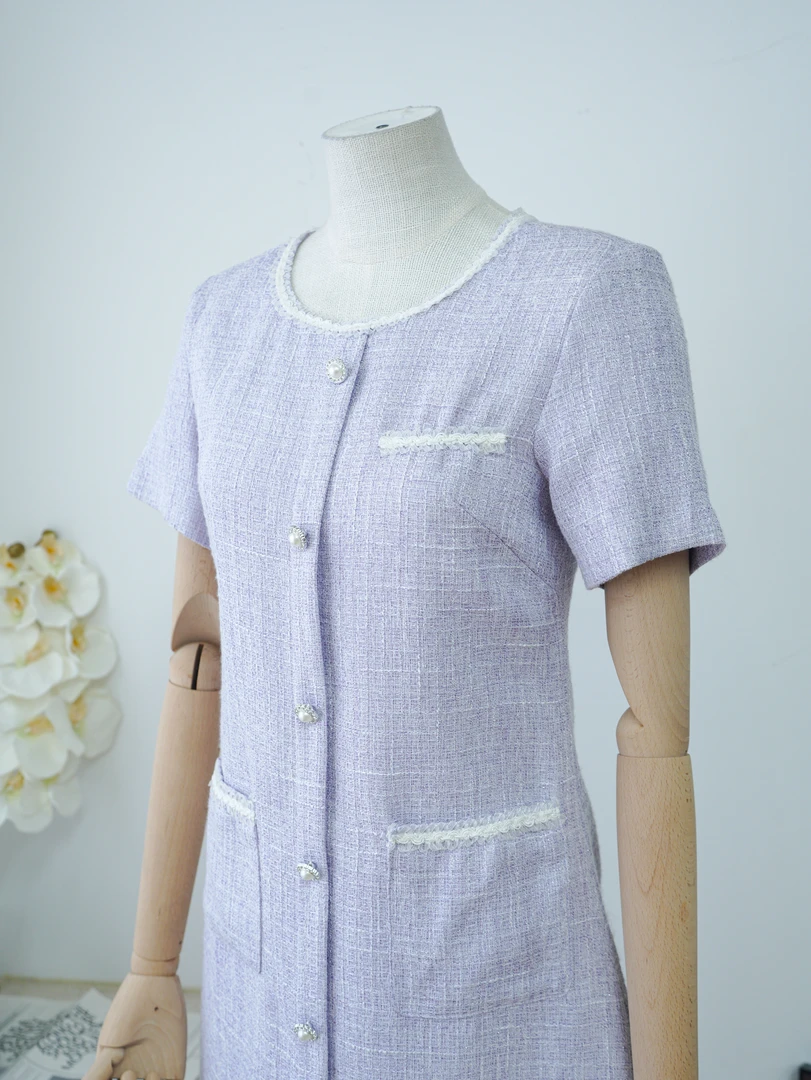 2025紫色春夏显白气质连衣裙小香风拼接气质修身女装轻奢女A75671