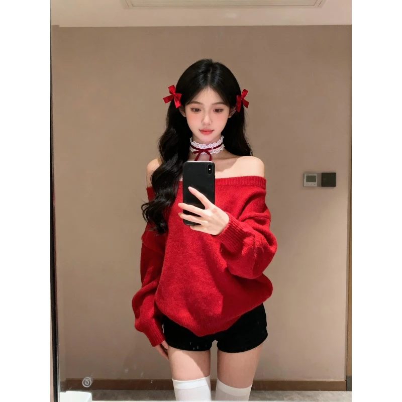 复古红色多穿斜肩长袖毛衣女气质露肩显瘦针织衫上衣高腰包臀短裤