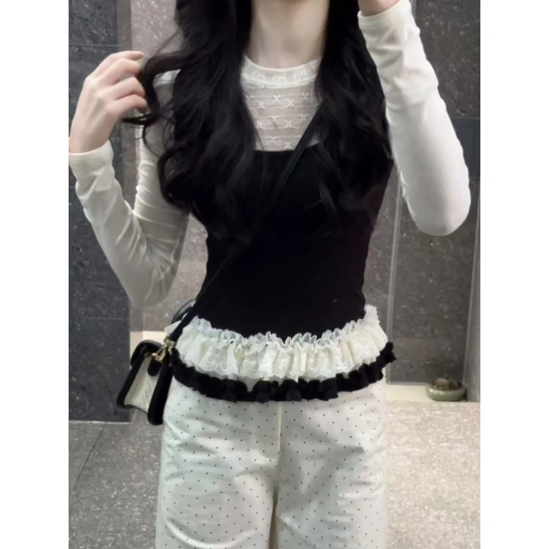 韩系ins撞色荷叶边假两件拼接长袖t恤女秋季小个子修身显瘦上衣潮